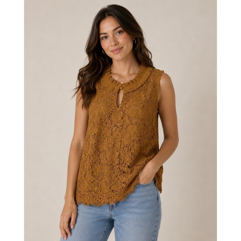 J.Crew Top Women Medium Orange Lace Pleated Ruffle Neck Sleeveless Boho H2203